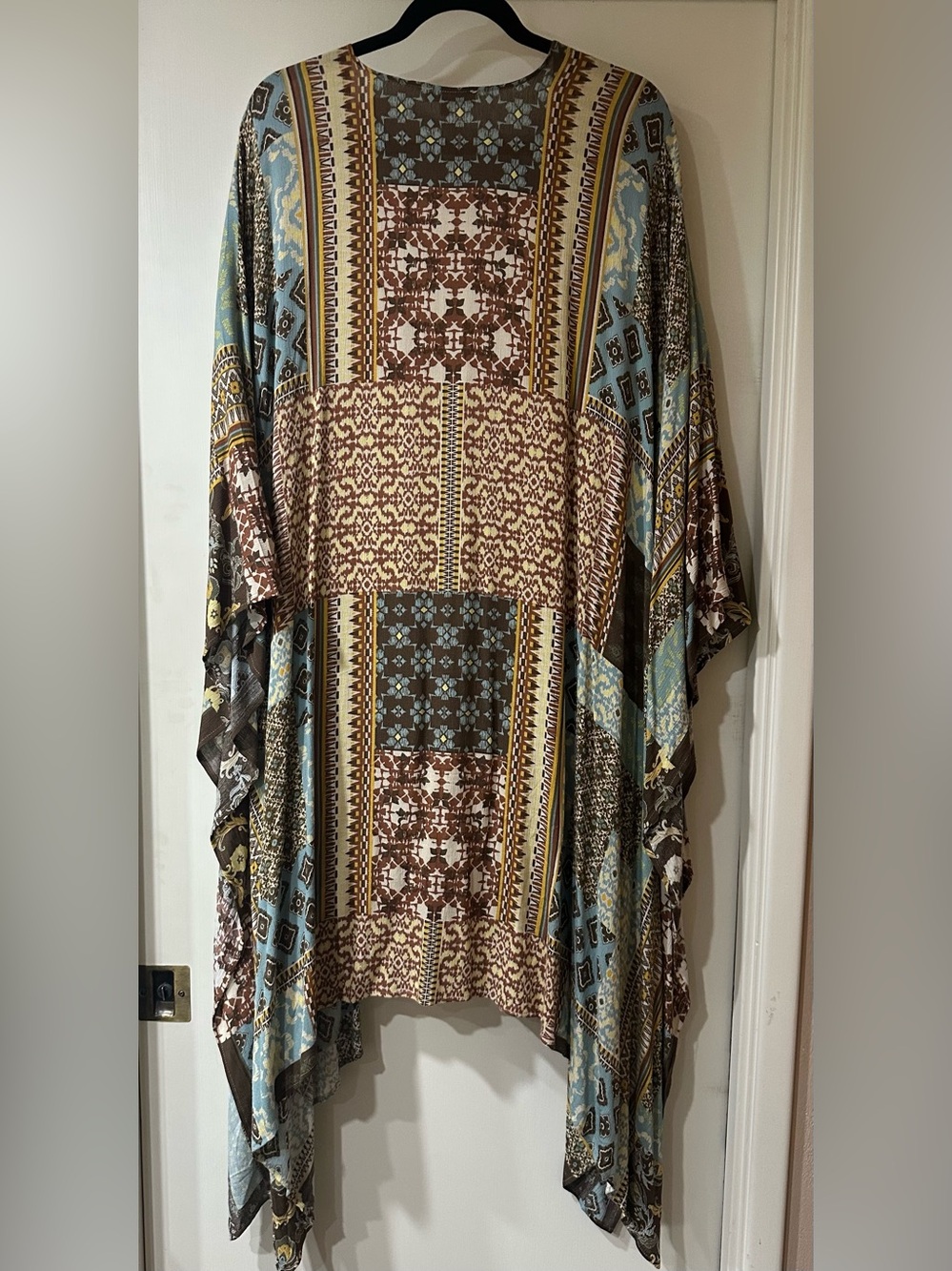 Boho Patchwork Kimono/Duster in Brown and Blue patchwork print - Picture 2 of 6